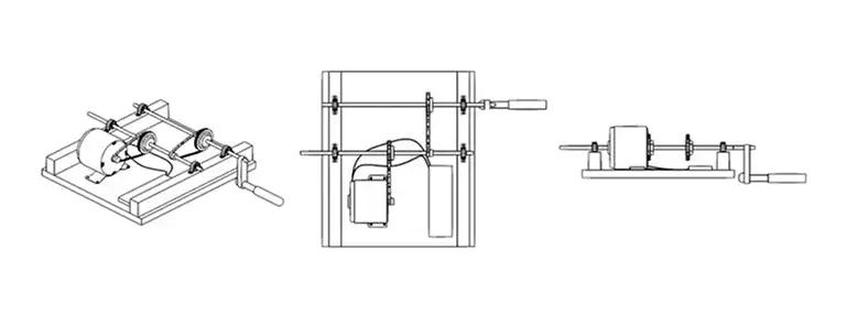 Technical drawing of a mechanical device, showing three views: top, side, and isometric. It features gears, a central motor, and a crank.